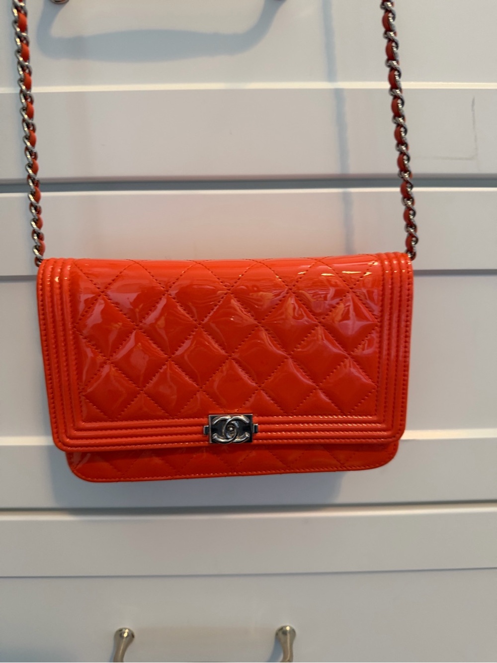 CHANEL Quilted Orange/mango/red Boy  Wallet on a Chain. Patent leather